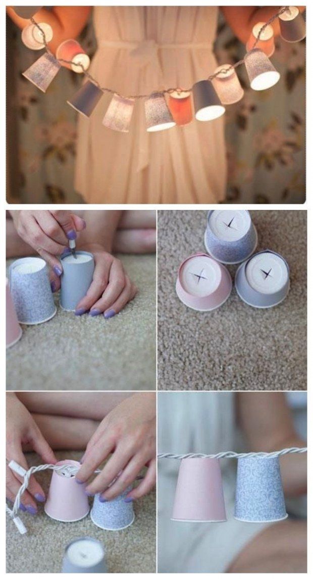 several pictures showing how to make paper lanterns with candles and string lights hanging from the ceiling