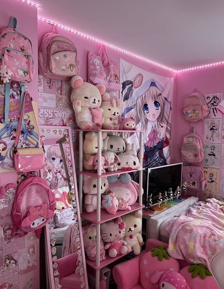 a room filled with lots of stuffed animals and pink decor on the walls, along with other items