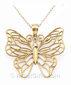 14k Gold Butterfly necklace with beautiful wing design. Made in the U.S.A. Butterfly Filigree Jewelry As A Gift, Butterfly Shaped Filigree Jewelry Gift, Butterfly-shaped Filigree Jewelry Gift, Butterfly Filigree Jewelry Gift, Elegant Butterfly Filigree Jewelry, Elegant Butterfly Shaped Filigree Jewelry, Gold Butterfly Engraved Jewelry, Yellow Gold Butterfly Jewelry With Piercing, Butterfly Filigree Jewelry For Weddings