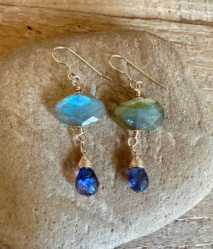 Gold filled dangle earrings with faceted labradorite and iolite gemstones Labradorite Dangle Jewelry With Matching Earrings, Labradorite Dangle Earrings, Nickel-free Labradorite Jewelry For Anniversary, Nickel-free Blue Labradorite Jewelry, Labradorite Drop Earrings With Natural Stones, Anniversary Nickel-free Labradorite Jewelry, Faceted Labradorite Dangle Jewelry, Labradorite Gemstone Drop Earrings, Blue Gemstone Labradorite Earrings