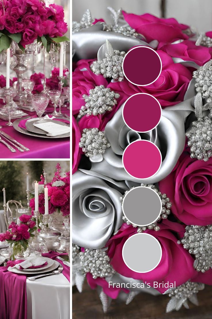 the table is set with pink flowers and silverware