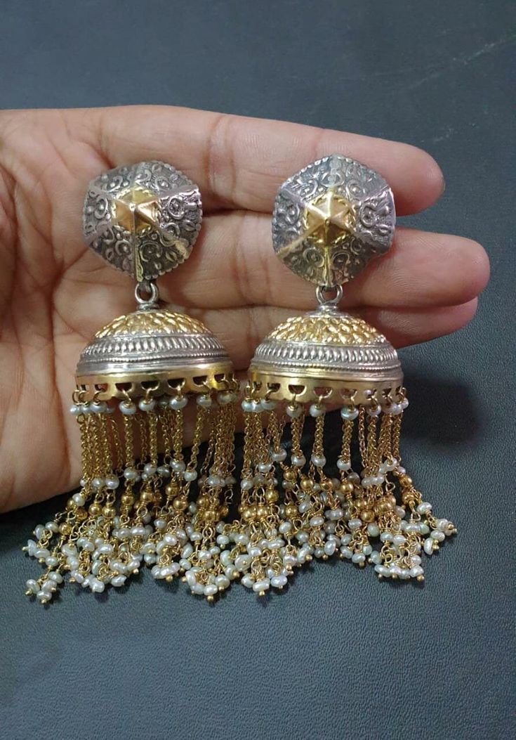 Metal: old 925 sterling silver Weight: 44 grams approx Handmade Jewelry By Vidita Jewels Traditional Intricate Dangle Jhumkas, Ornate Gold Dual-tone Earrings, Traditional Dual-tone Danglers, Gold Dual-tone Ceremonial Earrings, Ceremonial Dangle Jhumkas For Festivals, Gold Dual-tone Earrings For Ceremonial Occasions, Ornate Chandbali Brass Jewelry, Silver Dual-tone Jewelry For Festivals, Silver Dual-tone Jewelry For Celebration