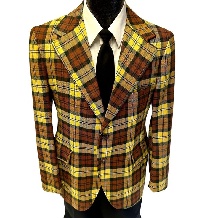 A38 Add me to your Favorites Seller's List Mannequin is a size 38 chest.  This is a medium weight jacket. REFER TO PHOTOS FOR MEASUREMENTS LINING (Full or Partial): Partial  Rear vents: 1 Features: * Style: Disco / Mod * Decade: 1970's * Disco * Plaid * Made in Unnown * Dry Clean Size: Mens 38 L Condition: Pre-Owned Good Article is in excellent overall Vintage condition.  Top-Rated Plus, Trusted seller, fast shipping, and easy returns! Retro Tailored Single Breasted Tweed Jacket, Retro Wool Blazer With Lapel Collar, Retro Fall Suits For Tailoring, Retro Wool Sport Coat For Formal Events, Retro Wool Sport Coat For Formal Occasions, Retro Tailored Single Breasted Blazer, Retro Tailored Suit For Fall, Tailored Retro Semi-formal Outerwear, Tailored Retro Outerwear For Semi-formal Occasions