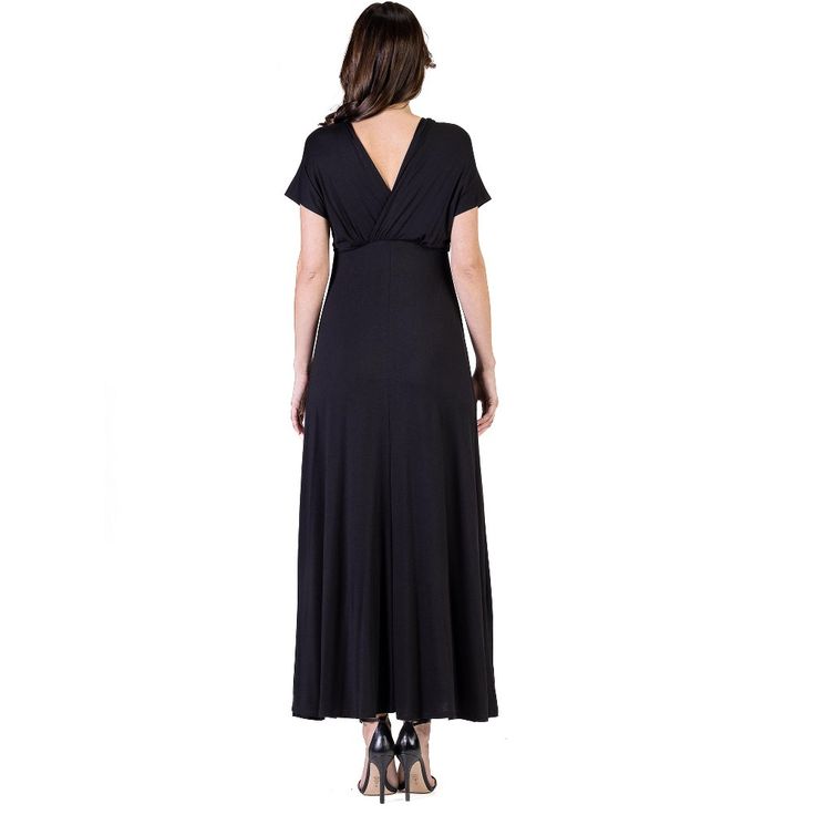 A formal look has never been so comfortable. With its regal full-length skirt this womens maxi dress makes for an elegant formal or casual look. Featuring a v-neck line and v cut on the back, cap sleeves, flared a line skirt, defined empire waist, and is made from a soft and comfortable stretch material in four beautiful year round colors and it is machine washable for easy care. The perfect dress to keep in your closet for any special occasions or just an eye-catching date night look. Made in t Solid A-line Maxi Dress For Evening, Elegant Floor-length Maxi Dress With Flattering Silhouette, Formal Spring Floor-length V-neck Dress, Formal Floor-length V-neck Dress For Spring, Elegant Solid Color Empire Waist Maxi Dress, Spring Elegant Full-length Maxi Dress, Elegant Solid Empire Waist Maxi Dress, Summer Full Length Maxi Dress For Formal Events, Summer Formal Full-length Maxi Dress