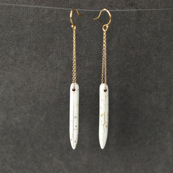 White Spear Earrings Boho Long Dangle Gold by ShopClementine, $45.00 White Teardrop 14k Gold Filled Jewelry, White 14k Gold Filled Teardrop Jewelry, White Teardrop 14k Gold Filled Earrings, White 14k Gold-filled Teardrop Earrings, White 14k Gold Filled Teardrop Earrings, White Dangle Threader Earrings With Adjustable Chain, White Threader Earrings With Adjustable Chain As A Gift, White Threader Earrings With Adjustable Chain For Gift, White Adjustable Chain Dangle Threader Earrings