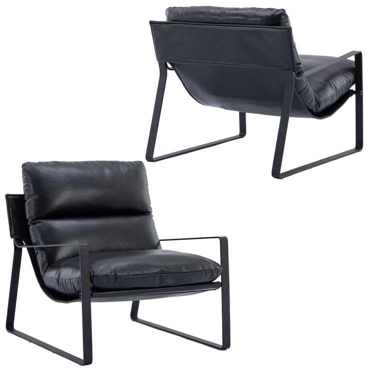 two black leather chairs sitting next to each other on top of a white background,