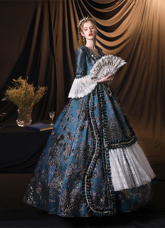 High-end Blue Floral Queen Marie Antoinette Dress Medieval Renaissance Historical Reenactment Theatre Costume     Condition: Brand New   Color:  As Picture   Material: Satins And Lace   Silhouette: Ball Gown   Sleeve Length: Full Sleeve   Dresses Length:Floor-Length   Neckline: Square-Collar   Decoration: Printed   Style: Vintage     Includes: Dress Blue Victorian Dress With Historical Design, Medieval Victorian Dress For Costume Party And Festivals, Medieval Victorian Dress For Costume Party, Medieval Style Victorian Dress For Costume Parties And Festivals, Medieval Style Victorian Dress For Costume Parties, Blue Regency Style Victorian Dress, Fitted Gothic Medieval Dress In Blue, Fitted Blue Gothic Medieval Dress, Blue Fitted Gothic Medieval Dress