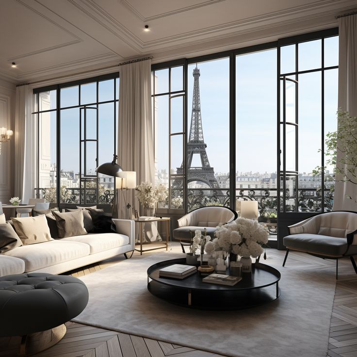 a living room filled with lots of furniture and windows overlooking the eiffel tower