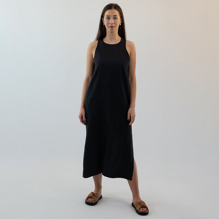 Black Linen Dress, NAOMI, Summer Dress in BLACK, Midi Women dress, Travel dress, Black Casual dress, Linen dress, Prairie Dress, Custom Made 100% Linen Modern Black Maxi Dress For Work, Elegant Everyday Summer Midi Dress, Chic Solid Dress For Everyday, Elegant Summer Midi Dress For Everyday, Casual Black Midi Dress With Side Slits, Black Maxi Dress With Side Slits For Work, Black Work Dresses With Side Slits, Black Longline Daywear Dress, Black Longline Dress For Daywear