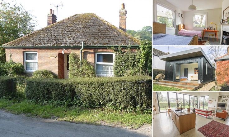 four different houses with windows and plants on the front, one has a bed in it