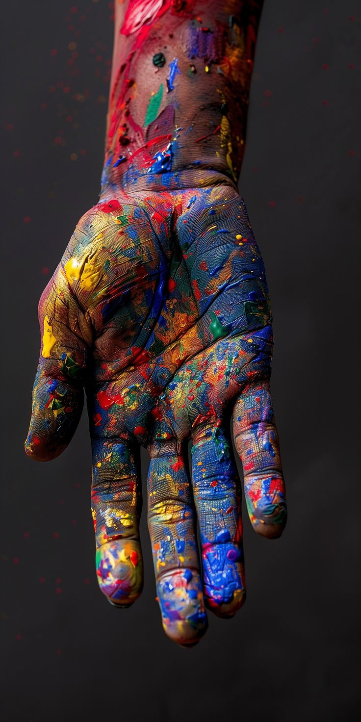 a person's hand covered in paint and multicolored ink with black background