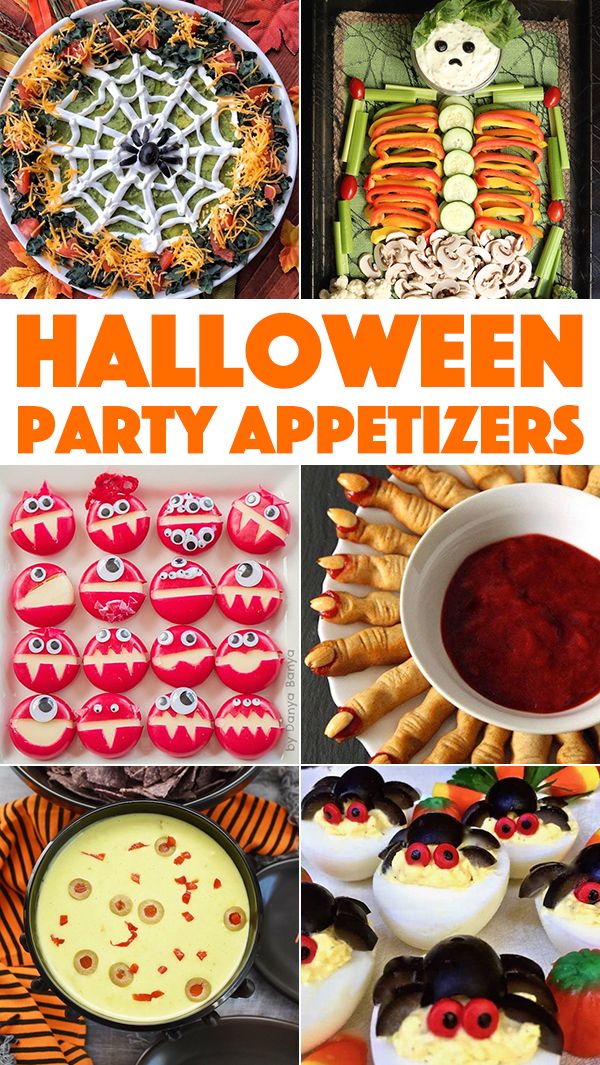 halloween party appetizers and desserts with text overlay