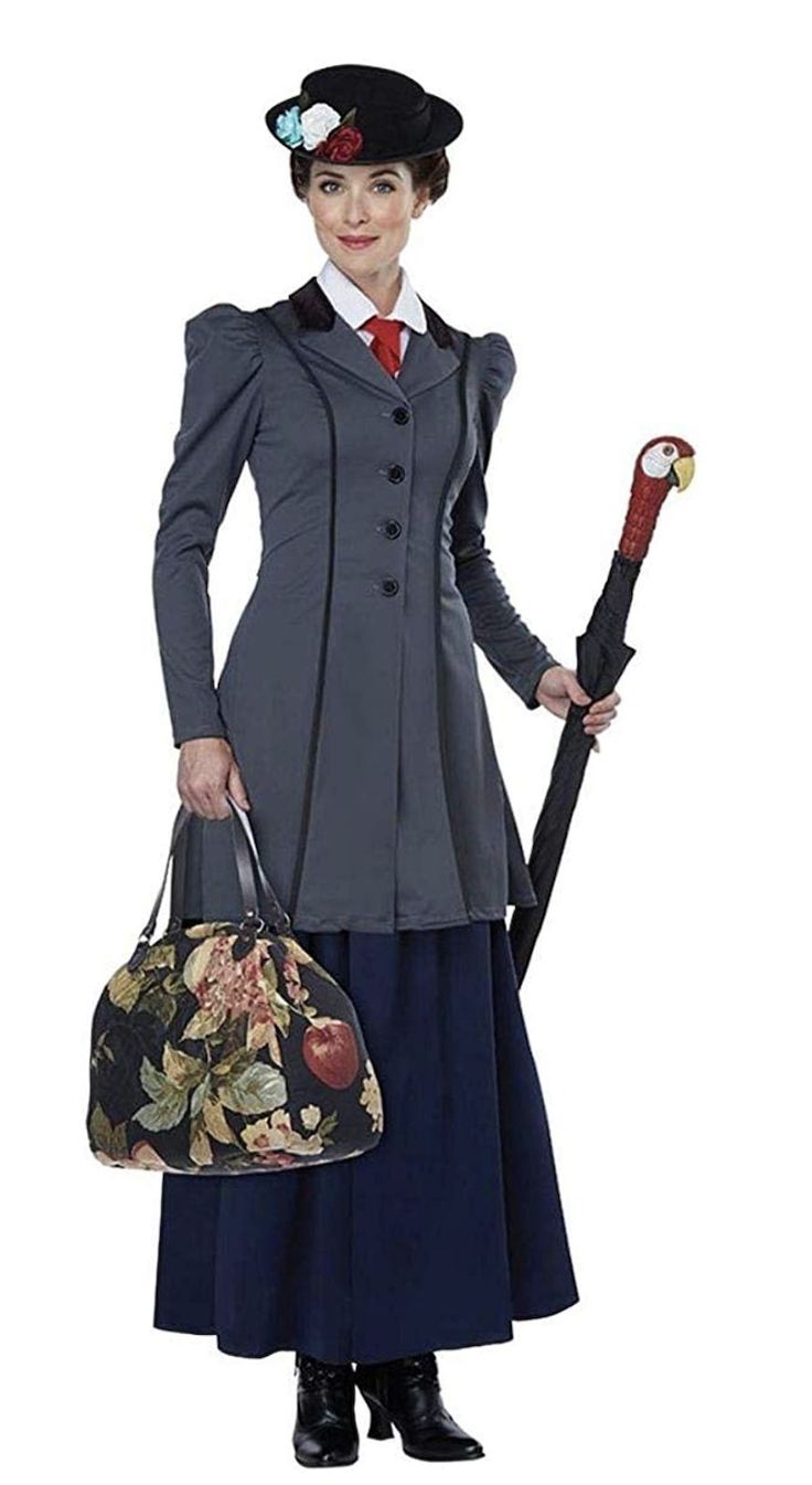 a woman is dressed in an old fashion outfit and holding a bag with a hat on it