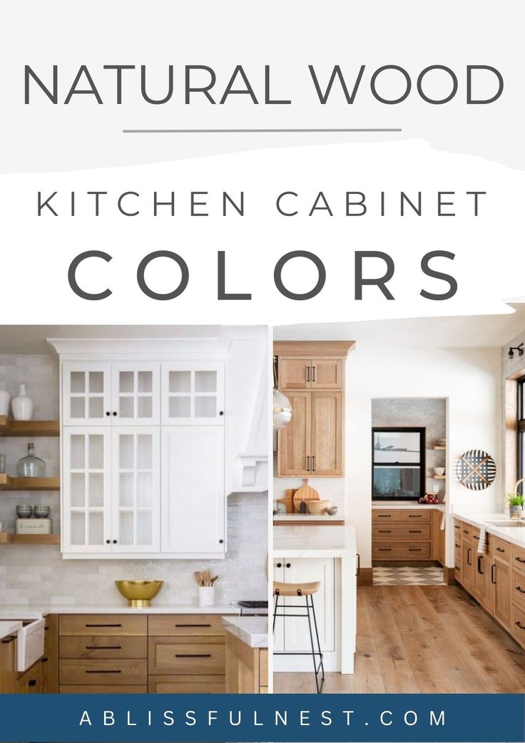 the kitchen cabinets are all white and have wood trimmings on them, with text overlay that reads natural wood kitchen cabinet colors