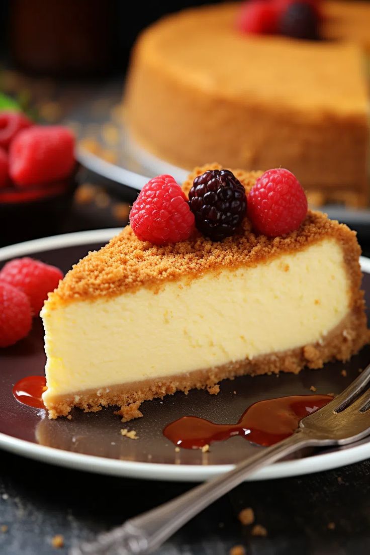 a slice of cheesecake with raspberries on top