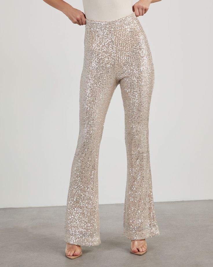 Cream % Diva Sequin Flare Pants-3 Flare Sequin Pants, Sequence Pants, Diamond Pants, Sparkly Pants, Sequin Flare Pants, Sheer Pants, Elephant Pants, Neutral Tops, Glitz And Glamour