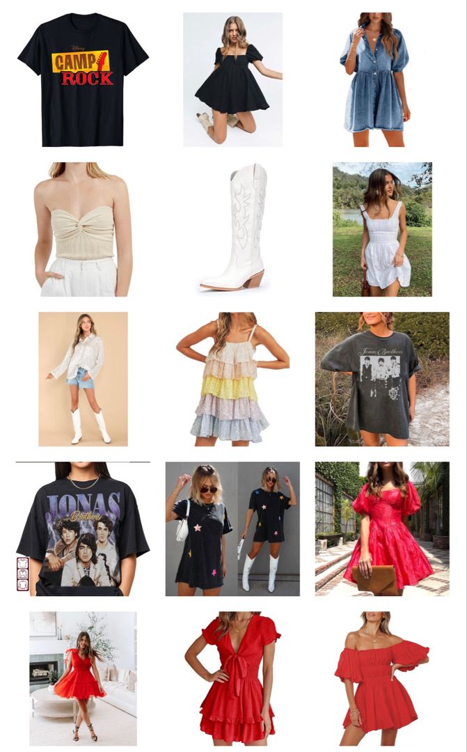 many different types of clothes are shown in this collage, including dresses and t - shirts