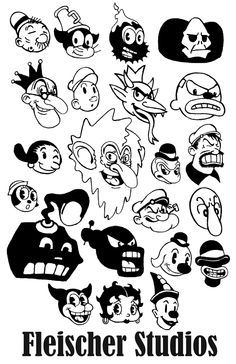 an advertisement for fleischer studios featuring cartoon heads and other characters in black and white