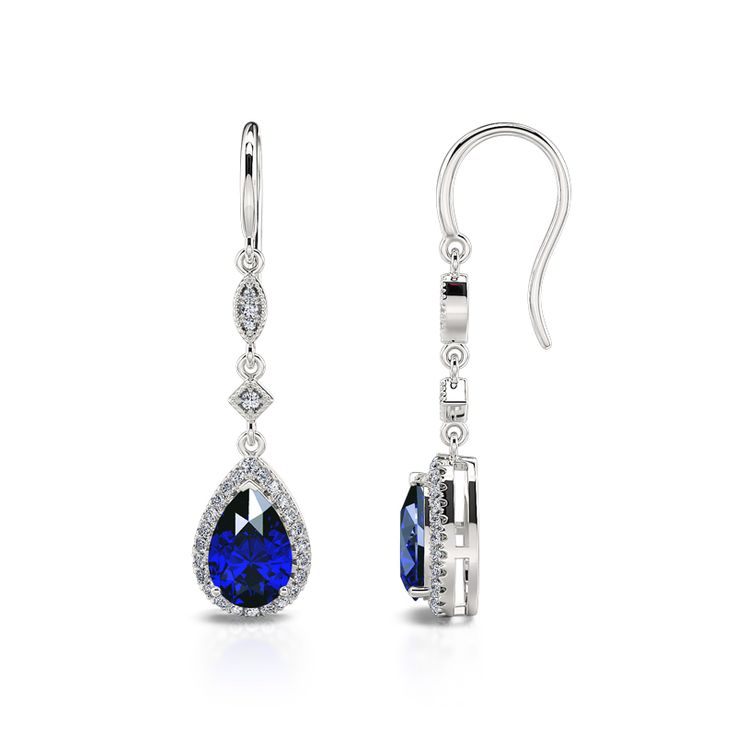 Polished metal and sparkling stones come together to create this unique jewelry, giving it a sophisticated and sparkling look. Made from sterling silver, these earrings make a stunning fashion accessory.Carat Weight: 2.77 ctStone Size: 6*9 mmStone Type: Jeulia® StoneNumber of Stones: 2 Stone Shape: PearStone Color: Sapphire BlueCarat Weight: 0.552 ctStone Size: 1.2,1,0.8 mmStone Type: Jeulia® StoneNumber of Stones: 56 Stone Shape: RoundStone Color: Diamond WhiteWeight: 2.95 gWidth: 8.8 mmHeight: Teardrop Chandelier Earrings With Diamond Accents For Formal Occasions, Formal Teardrop Chandelier Earrings With Diamond Accents, Formal White Gold Pear-shaped Earrings, Formal Pear-shaped White Gold Earrings, White Gold Teardrop Chandelier Earrings Fine Jewelry, White Gold Teardrop Chandelier Earrings, Formal Teardrop Chandelier Earrings In White Gold, Formal White Gold Pear Shaped Earrings, Formal White Gold Pear Earrings