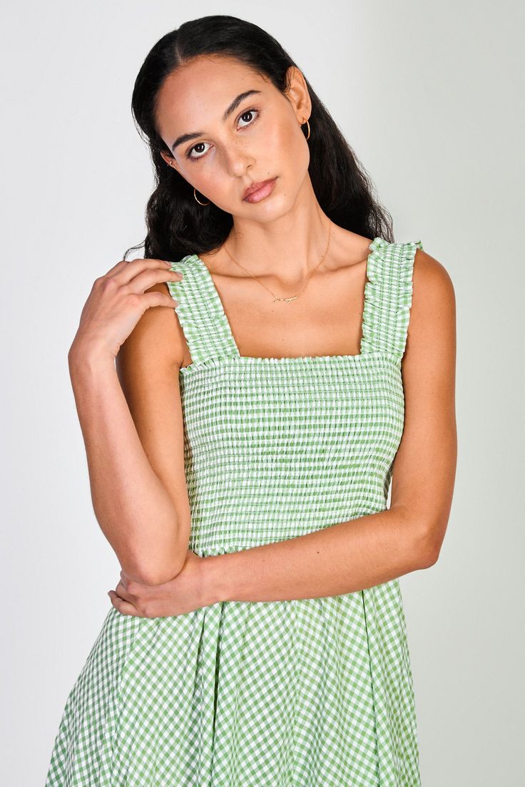 Green and white gingham ruched bodice dress Spring Smocked Ruched Dress With Square Neck, Spring Smocked Dress With Ruched Square Neck, Spring Square Neck Smocked Dress With Ruched Detail, Picnic Sundress With Square Neck, Gingham Sundress For Picnic, Gingham Midi Sundress For Picnic, Plaid Square Neck Dress For Garden Party, Spring Dresses With Ruched Bodice And Ruffled Straps, Spring Dresses With Pleated Bodice And Square Neck