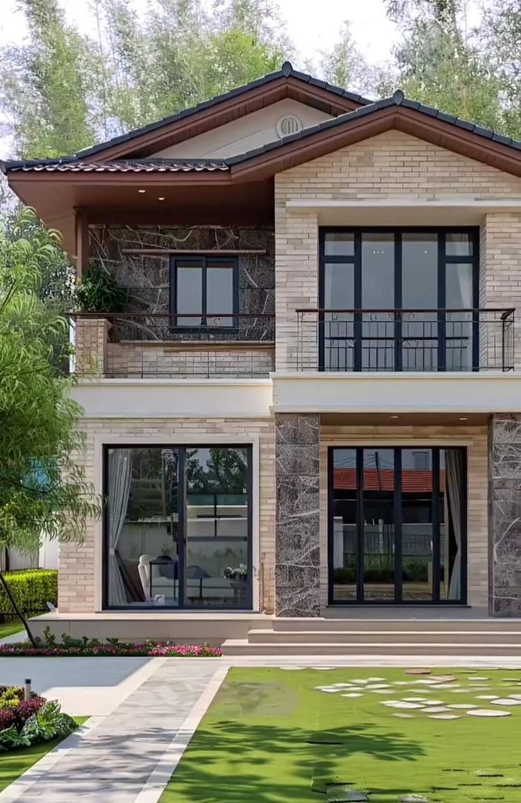 this is an artist's rendering of a two story house with large windows and balconies