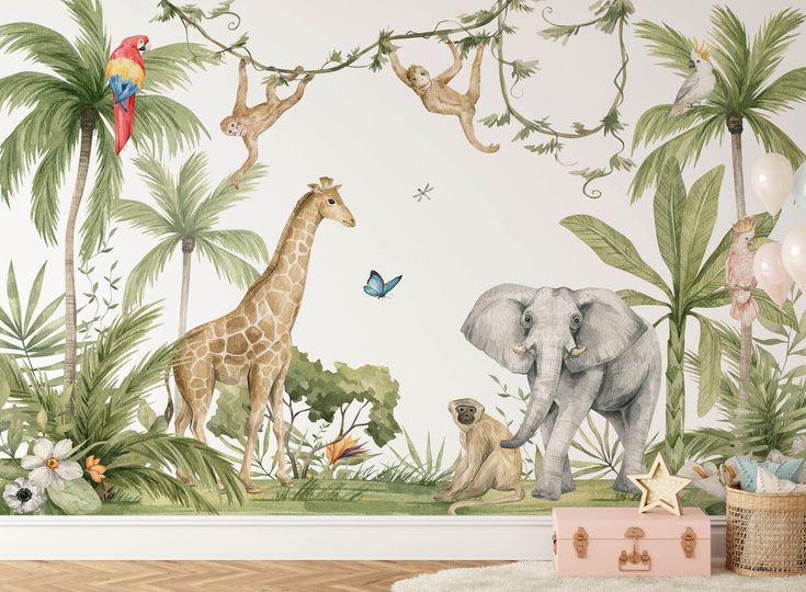 an animal mural in a children's room with white walls and wooden flooring