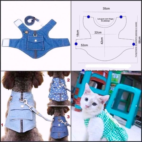 four different pictures showing how to make a dog harness and vest for a cat or small dog