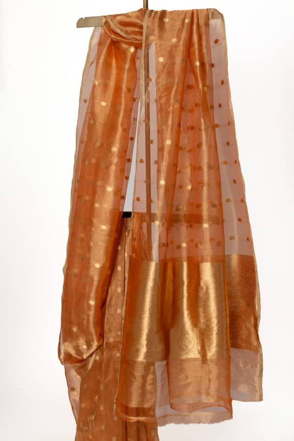 Peach, gold saree with zari, geometric, floral stripe woven motifs. Comes with unstitched blouse piece. - Aza Fashions Gold Pre-draped Saree With Sheer Dupatta For Navratri, Gold Organza Pre-draped Saree With Resham Embroidery, Gold Organza Pre-draped Saree For Navratri, Gold Anarkali Pre-draped Saree With Sheer Dupatta, Festive Chanderi Pre-draped Saree For Celebration, Semi-stitched Gold Pre-draped Saree With Dupatta, Gold Silk Lehenga For Festive Occasions, Festive Gold Silk Lehenga, Gold Semi-stitched Organza Salwar Kameez