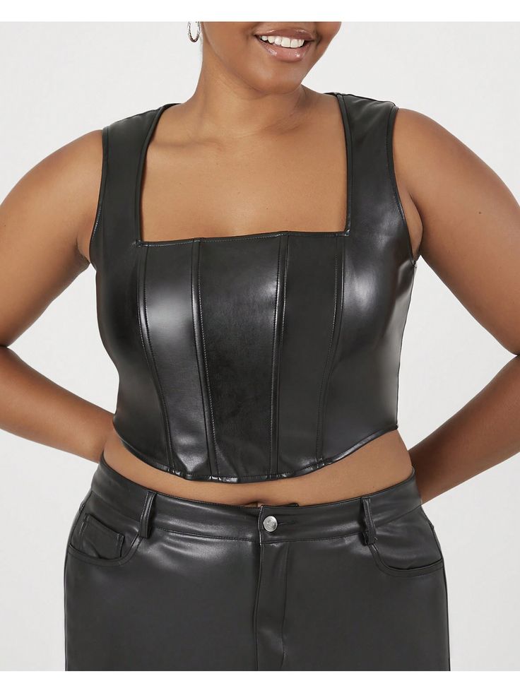 Forever 21+
 - A faux leather crop top featuring a corset-inspired design, shoulder straps, a square-cut neckline, and a curved hem.Plus Size Faux Leather Crop Top Black         Women Plus Clothing, size features are:Bust: ,Length: ,Sleeve Length: Fitted Cropped Faux Leather Crop Top, Chic Fitted Faux Leather Corset, Chic Faux Leather Fitted Corset, Fitted Faux Leather Chic Crop Top, Chic Fitted Faux Leather Crop Top, Trendy Faux Leather Crop Top For Party, Trendy Crop Top With Corset Back For Night Out, Trendy Cropped Corset For Night Out, Crop Top Plus Size