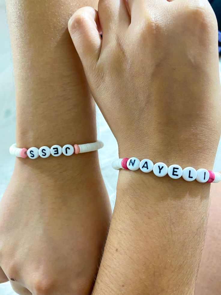 get a matching bracelet with your bestie! ✨  message me the name you want in your bracelet(s) ! 💌 Trendy Personalized Beaded Bracelets, Trendy Personalized Beaded Bracelets For Everyday, White Name Bracelet Bangle For Friendship, Trendy Customizable Jewelry For Friendship, White Friendship Name Bangle Bracelet, Trendy Beaded Bracelets With Letter Beads For Birthday, Customizable White Bracelets For Friendship, Everyday Beaded Name Bracelet, Personalized White Beaded Bangle Bracelet