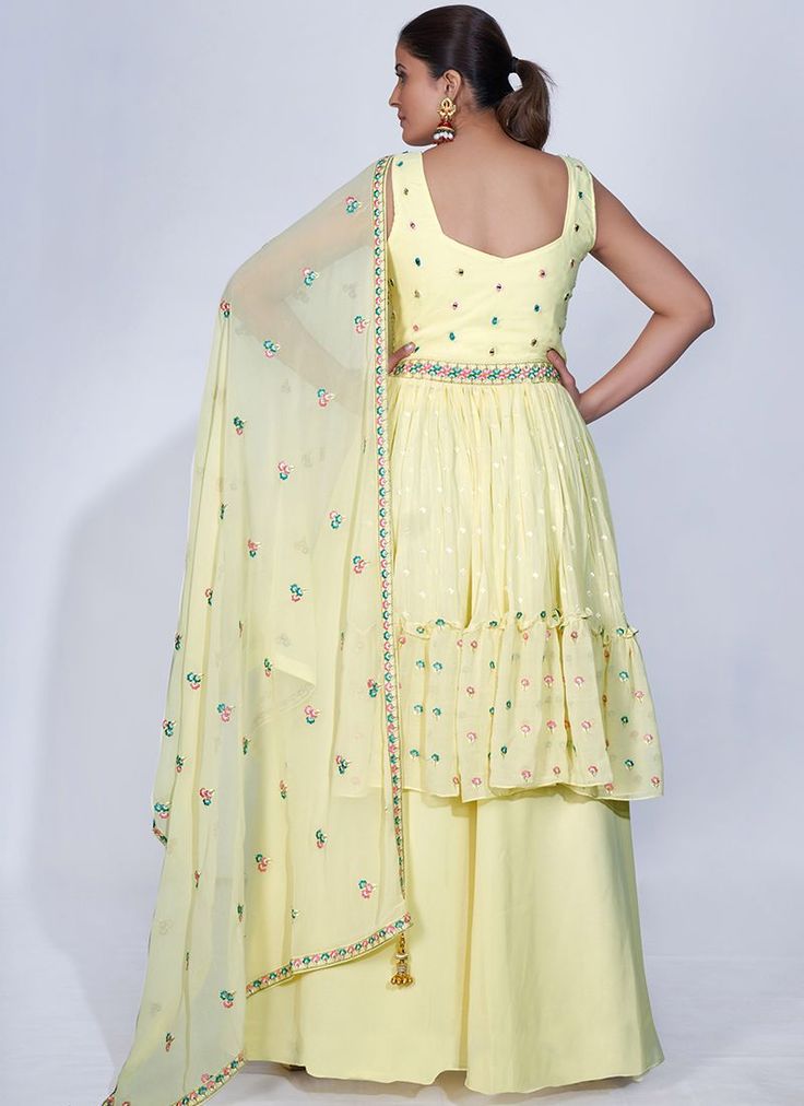 Shop Latest Indian Dresses Online - HATKAY Latest Indian Dresses, Yellow Mirror, Indian Dresses Online, Yellow Mirrors, Yellow Suit, Palazzo Suit, Embroidered Chiffon, Ethnic Looks, Blue Embroidery