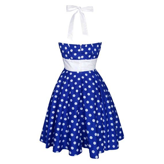 Blue Polka Dot Dress Vintage Dress Rockabilly Dress Pin Up Dress Halter Dress 50s Retro Dress Swing Dress Birthday Party DressThe sensational "ASHLEY" dress by vintage repro designers "Lady Mayra"  Just unmissable for this season, this superb quality rockabilly style swing dress is crafted from premium cotton featuring a kitsch polka dot print. With its understated glamour and figure flattering it, it's the perfect dress to turn heads at parties, weddings and proms. This gorgeous fifties style d Retro Polka Dot Dresses For Party, Fitted Vintage Dress For Retro-themed Summer Events, Polka Dot Dresses For Retro-themed Events, Retro Polka Dot Dress For Vintage Fashion, 1950s Style Polka Dot Dress For Retro-themed Events, Retro Fitted Polka Dot Vintage Dress, Polka Dot Rockabilly Dress For Retro-themed Events, Fitted Retro Polka Dot Vintage Dress, Summer Retro Vintage Dress For Retro-themed Events