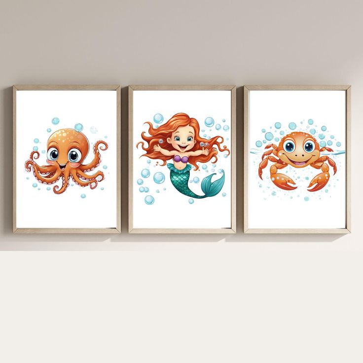 three pictures of mermaids and octopuses hanging on the wall