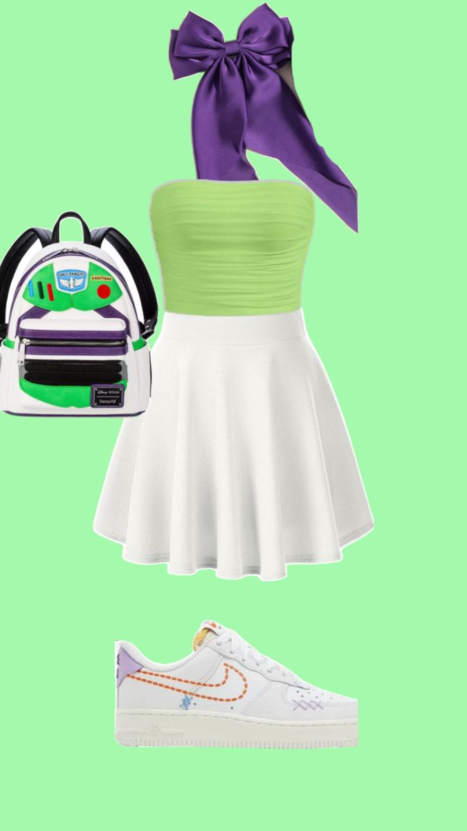 a woman wearing a green top and white skirt with a purple bow around her neck