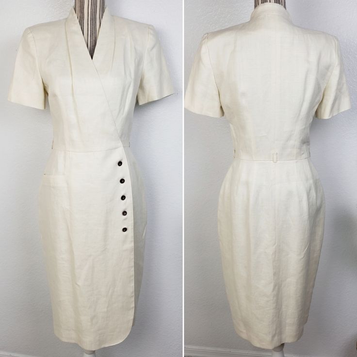 Gorgeous Vintage Kay Unger 100% Linen Wrap Midi Dress! Looks Even Better In Person! Size 8 True Wrap Dress With Contrast Button Closure Off-White/ Ivory Slubbed Linen Lined V-Neck Pocket On The Right Side Short Sleeves Shoulder Pads Belt Loops For A Skinny Belt In Overall Excellent Condition, Looks Like It's Never Been Worn, Has A Couple Of Tiny Marks On The Lining (Pictured) **New To Poshmark? Use Code Marblespikes When You Sign Up To Poshmark To Get $10 Off Your First Purchase!** *Comes From A Cream Fitted Semi-formal Dress, Classic Cream V-neck Dress, Vintage White Fitted Dress With Short Sleeves, Classic Knee-length Cream Dress, Classic Fitted Beige Dress, Classic Cream Office Dress, Fitted Off White Dress For Work, Classic Off White Dress, Fitted Linen Office Dress