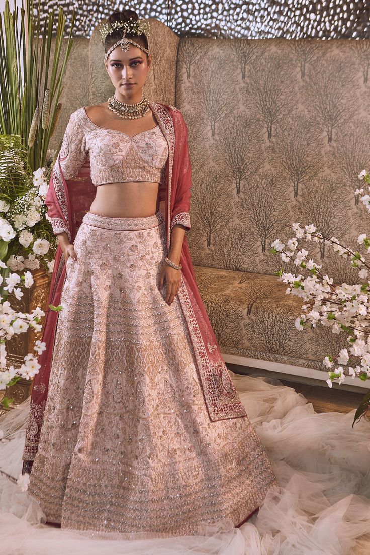 Editor's Note This set features Peach Dust Embroidered Lehenga Set With Detail Of Zardosi Embroidery with French Knots, Golden Metallic Wire On Silk Based Fabric With Delicate Paisley Motif. Co... Baby Pink Lehenga Combination, Indian Wedding Bridesmaids, Indian Wedding Lehenga, Raw Silk Lehenga, Mauve Wedding, Net Blouses, Lehenga Online, Net Lehenga, Pink Lehenga