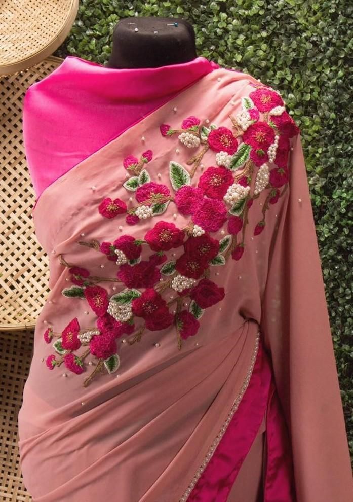 Khan Saab Boutique Designer Georgette Carnation Saree: Deshi Besh. Summer Traditional Georgette Pre-draped Saree, Summer Traditional Drape Pre-draped Georgette Saree, Pink Traditional Drape Blouse For Summer, Traditional Chiffon Pre-draped Saree For Party, Pink Pre-draped Saree For Summer, Summer Designer Wear Pre-draped Saree With Zari Work, Summer Designer Pre-draped Saree With Zari Work, Summer Semi-stitched Pre-draped Saree For Designer Wear, Designer Wear Saree For Summer With Traditional Drape