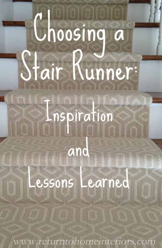 stairs with the words choosing a stair runner inspirational and lessons learned on them in white lettering