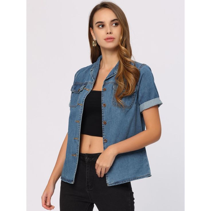 If you're looking to add some trendy feel to your wardrobe, consider this chic denim shirt with a chest pocket. This button-down outerwear is both classic and cool, perfect for meeting up with friends or going about your daily routine. With its stylish breast pockets and buttoned flaps, this denim shirt is a classic yet unique addition to any outfit. Pair it with your favorite jeans and handbag for a cute and effortless look that's sure to turn heads. Medium Wash Button-up Denim Top With Buttoned Pockets, Trendy Medium Wash Denim Top With Pockets, Casual Button-up Denim Vest With Button Closure, Trendy Light Wash Button-up Denim Vest, Trendy Medium Wash Button-up Denim Vest, Casual Denim Vest With Snap Buttons For Work, Casual Workwear Denim Vest With Snap Buttons, Trendy Dark Wash Denim Top With Pockets, Summer Button-up Denim Jacket With Buttoned Pockets