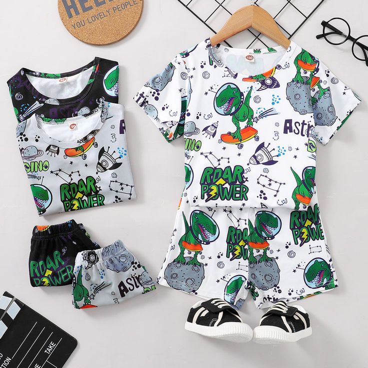 Toddler Kids Boys Dinosaur Cartoon Printed Letter Round Neck Short Sleeve Set Wholesale Green Cotton Sets With Character Print, White Character Print Summer Sets, White Character Print Sets For Summer, Casual Playwear Sets With Character Print, Casual Playtime Sets With Character Print, Multicolor Cartoon Print Sets For Playwear, Multicolor Character Print Summer Sets, Green Cotton Sets With Cartoon Print, Fun Multicolor Sets With Character Print