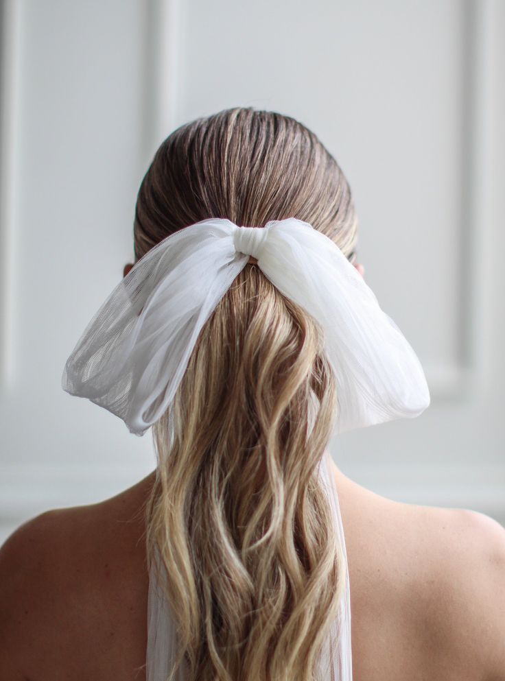 the back of a woman's head with a white bow in her hair, wearing a veil