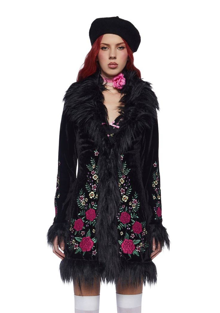 Sugar Thrillz Embroidered Velvet Coat With Fur Trim - Black Fur Trimmed Cardigan, Black Fur Coat With Feather Trim Long Sleeve, Black Long Sleeve Fur Coat With Feather Trim, Winter Night Out Outerwear With Feather Trim, Winter Feather Trim Outerwear For Night Out, Winter Outerwear With Feather Trim For Night Out, Feather Trim Outerwear For Night Out In Winter, Velvet Outerwear For Fall Party, Long Velvet Coat For Fall