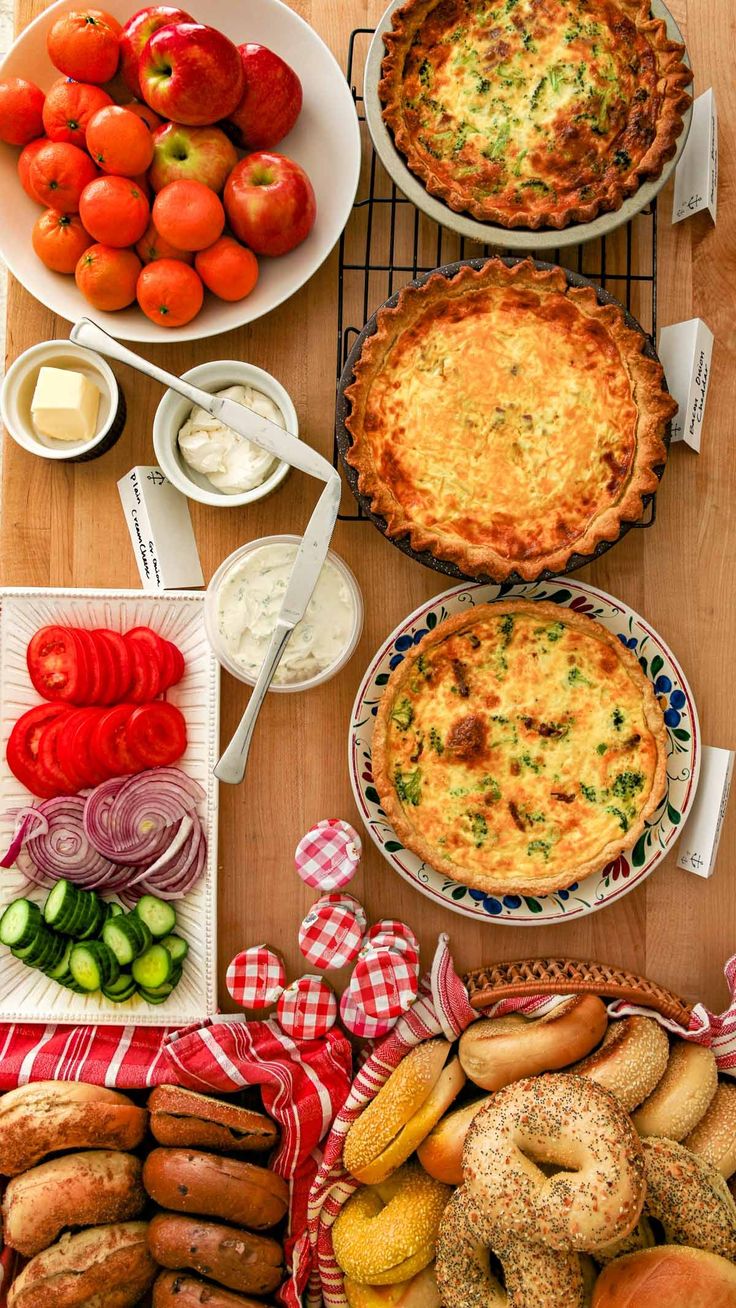 there are many different types of food on the table together, including pies and vegetables