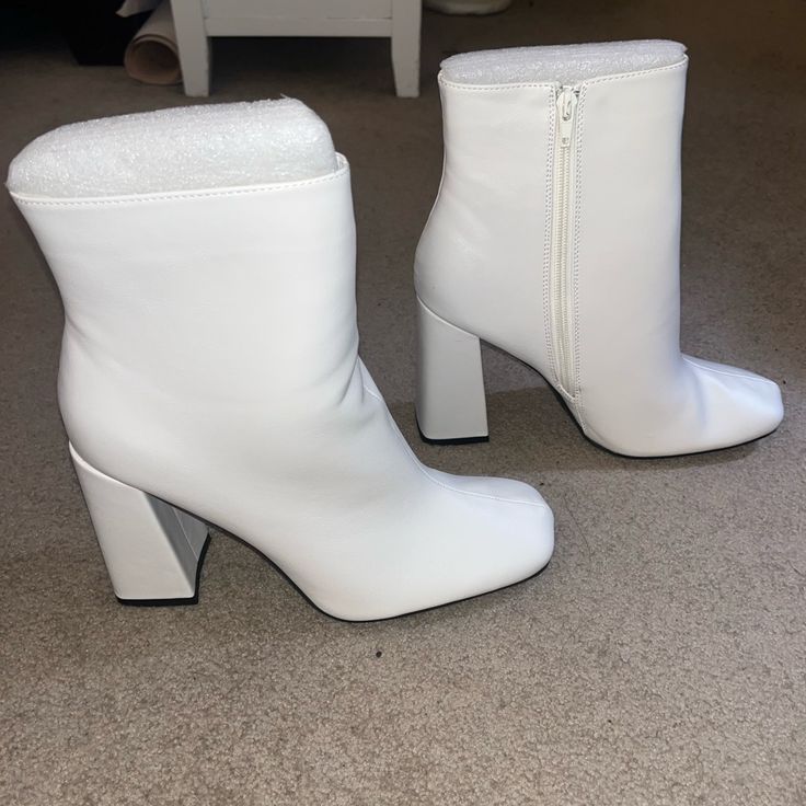 - Shein - Pointed Toe - Heels - Boots - White - Size 11 - Never Worn Before White Heeled Boots With Square Toe And Reinforced Heel, White Heeled Boots With Reinforced Heel And Square Toe, White Ankle-high Heels For Winter, White Ankle-high Winter Heels, Synthetic Boots With 4-inch Block Heel, Fitted White Synthetic Heeled Boots, White Boots With 4-inch Heel And Round Toe, White Synthetic Heeled Boots For Party, White Stacked Heel Boots For Party