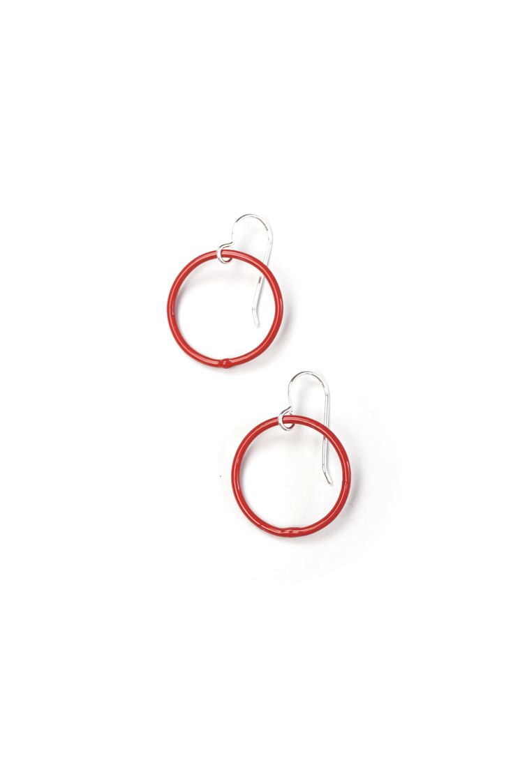 These lightweight circle earrings are sure to become your new favorite pair. An update on classic hoops, each circle retains evidence of their making - a small dot marks the spot where I hand-weld each earring. Approximately 1 1/4" tall (including ear wires) and 7/8" wide. Powder coated in a bright red color. Sterling silver ear wires. Handcrafted in my Pennsylvania studio. Ships in 1-2 business days. Comes in a gift box. Treat yourself or a loved one! Hypoallergenic Red Round Jewelry, Minimalist Red Round Earrings, Red Sterling Silver Hoop Earrings, Small Hoop Red Earrings For Everyday, Red Sterling Silver Round Hoop Earrings, Red Jewelry With Matching Earrings For Everyday, Red Everyday Earrings, Modern Red Round Earrings, Adjustable Red Hoop Earrings