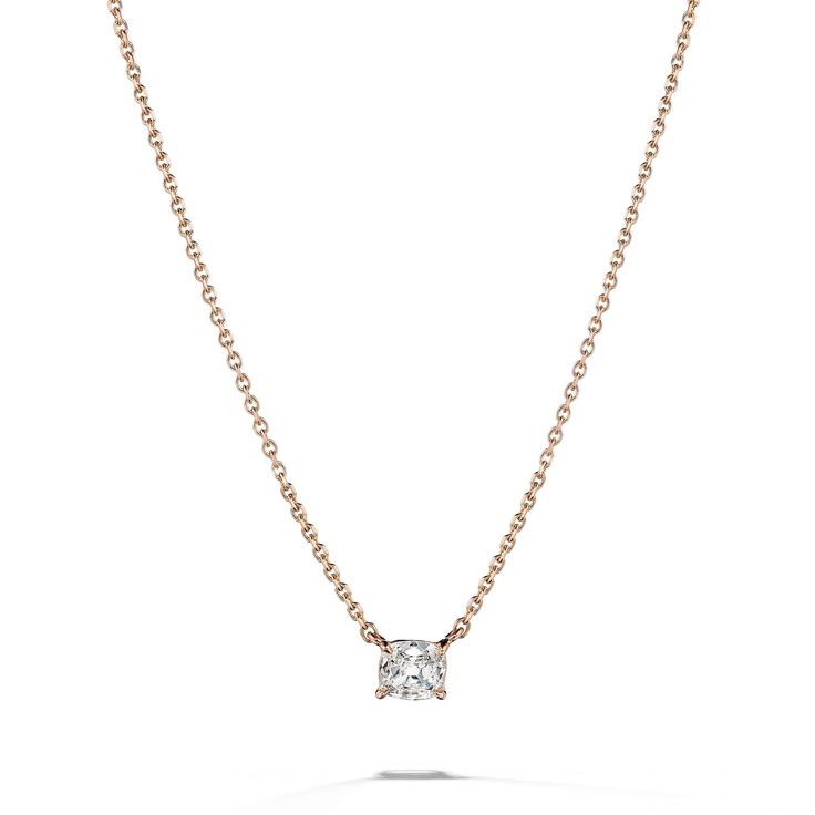 Handcrafted solitaire pendant featuring a cushion-cut diamond on an 18-karat rose gold chain. Elegant Cushion Cut Rose Gold Jewelry, Elegant Rose Gold Cushion Cut Jewelry, Elegant Solitaire Round Cut Necklace With Cable Chain, Elegant Diamond White Solitaire Necklace With Cable Chain, Elegant Solitaire Necklace With Cable Chain In Diamond White, Elegant Diamond Solitaire Necklace With Cable Chain, Yellow Gold Cushion Cut Diamond Necklace, Rose Gold Solitaire Necklace With Brilliant Cut Pendant, Luxury Rose Gold Solitaire Necklace With Prong Setting