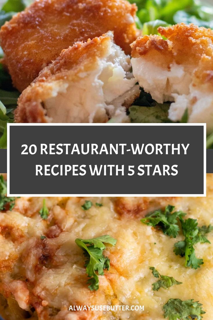 the words 20 restaurant - worthy recipes with stars are in front of a plate of food