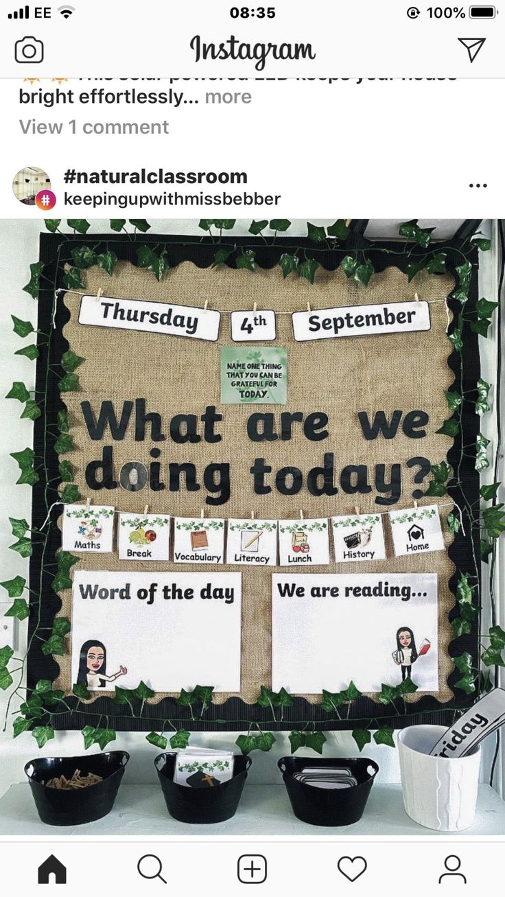 a bulletin board with words and pictures on it that say what are we doing today