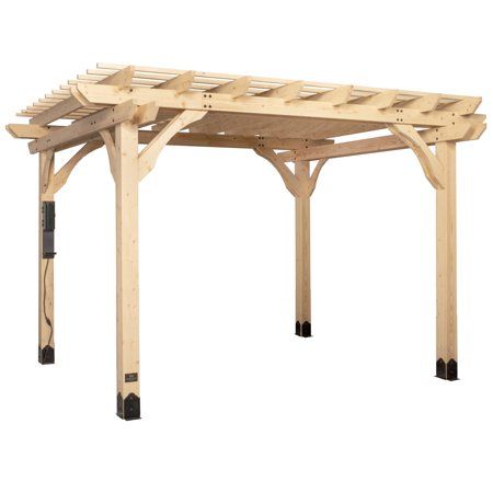 a wooden pergola with black handles on the top and bottom part, in front of a white background