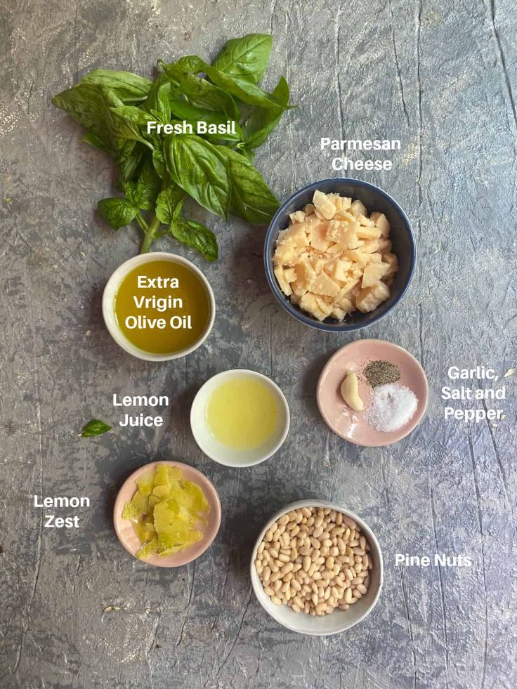 the ingredients to make this dish include basil, pine nuts, lemon juice, and extra virgin olive oil